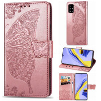 Луксозен кожен калъф тефтер със стойка и клипс FLEXI с инкрустирани пеперуди за Samsung Galaxy A51 A515F златисто розов / rose gold
